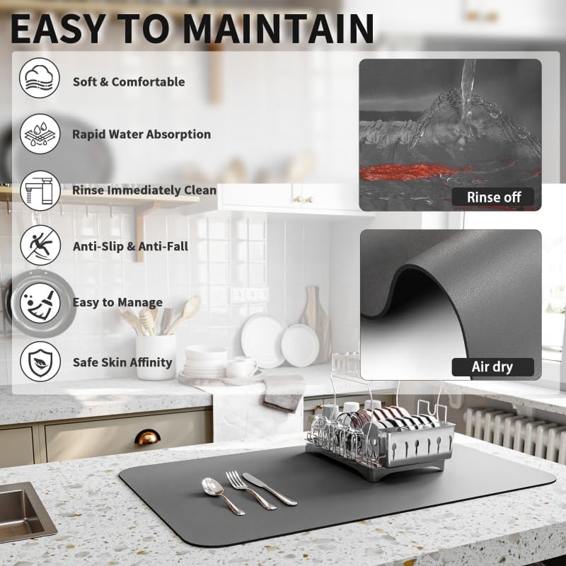 HotLive Dish Drying Mat for Kitchen Counter, Heat Resistant Drainer Mats with Non-slip Rubber Backed, Hide Stain Kitchen Super Absorbent Draining Mat, Easy to Clean Dish Rack Pad, Dark Grey 18"x32" - Image 4