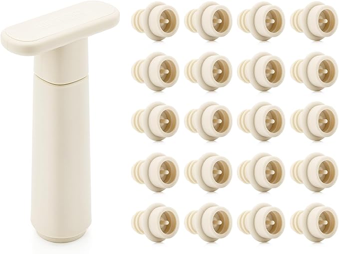 WOTOR Wine Saver Vacuum Pump with 20 Stoppers, Wine Stopper & Preserver, Reusable Bottle Sealer Keeps Fresh, Ideal Accessories Gift, Flat Handle (Cream)
