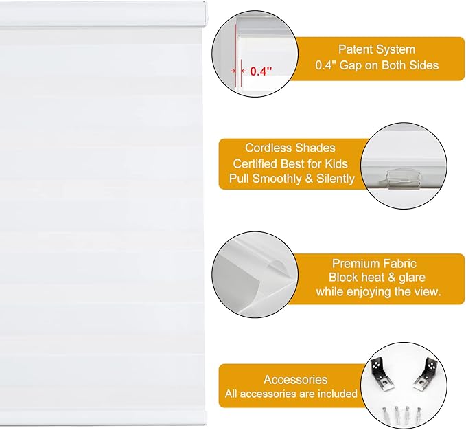 Persilux Cordless Zebra Blinds for Indoor Windows, Free-Stop Zebra Blinds Cordless, Light Filtering Sheer Shades Dual Layer for Day and Night, Zebra Roller Shades for Home (46.5" W X 47" H, White)