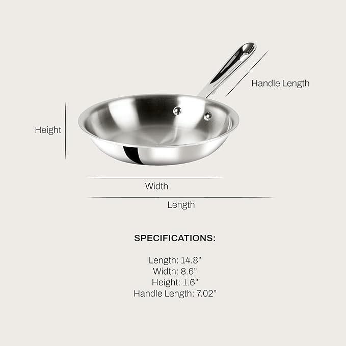 All-Clad D3 3-Ply Stainless Steel Fry Pan 8 Inch Induction Oven Broiler Safe 600F Pots and Pans, Cookware Silver