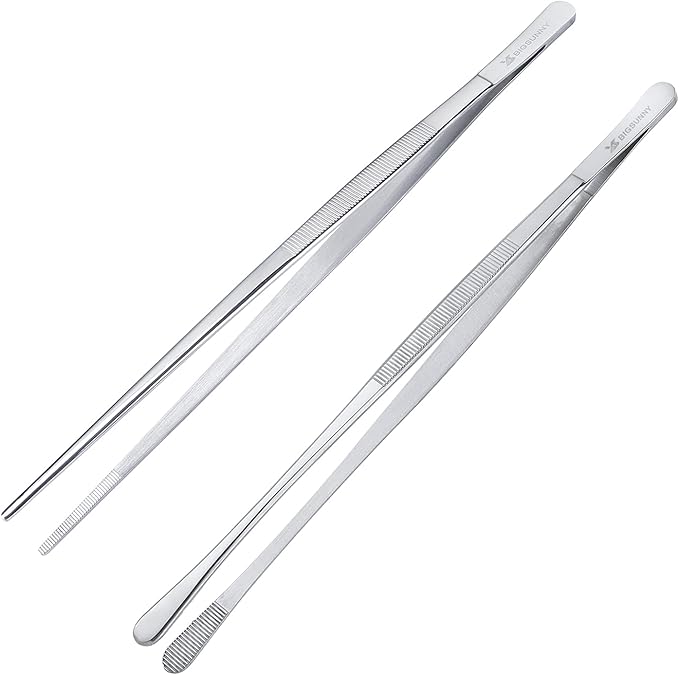 MSY BIGSUNNY Stainless Steel Food Tweezers Multi-function Cooking Tongs Kitchen Serving Tong (12" Round & 12" Pointed Tweezers)