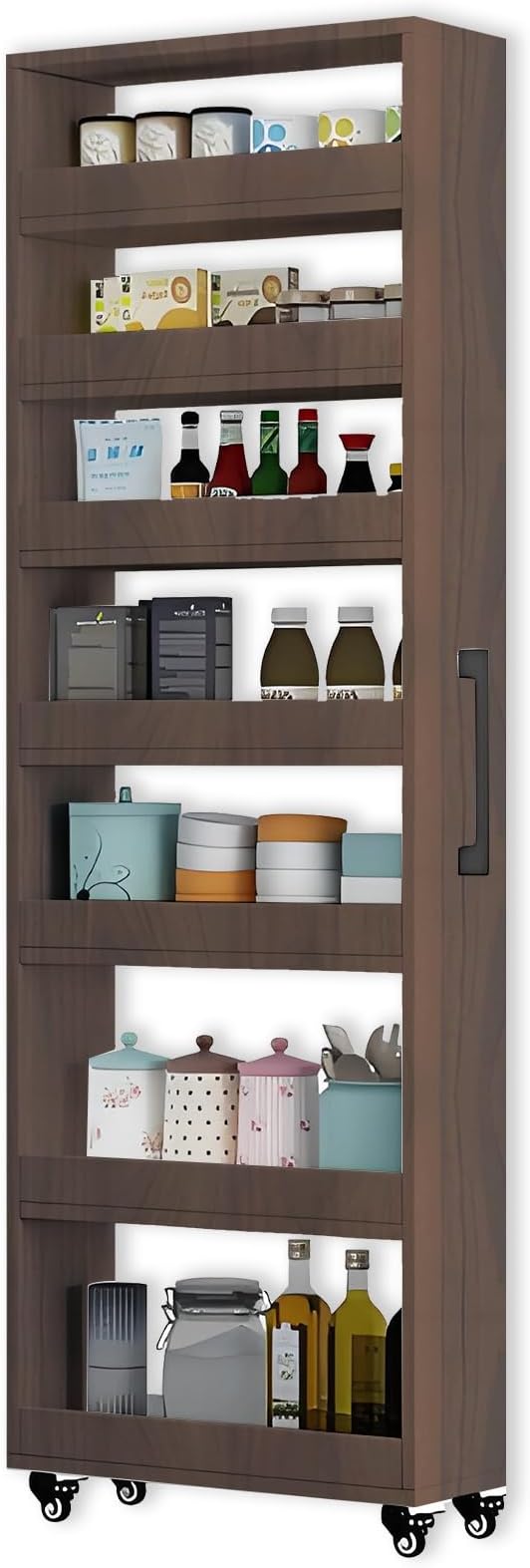 7-Tier Slim Storage Cart, Wooden Rolling Pantry Cabinet with Wheels, Narrow Shelf Organizer for Kitchen, Bakers Rack, Dining Room, Closet, Small Spaces Gray 73.2" H*9.8" W*23.6" D