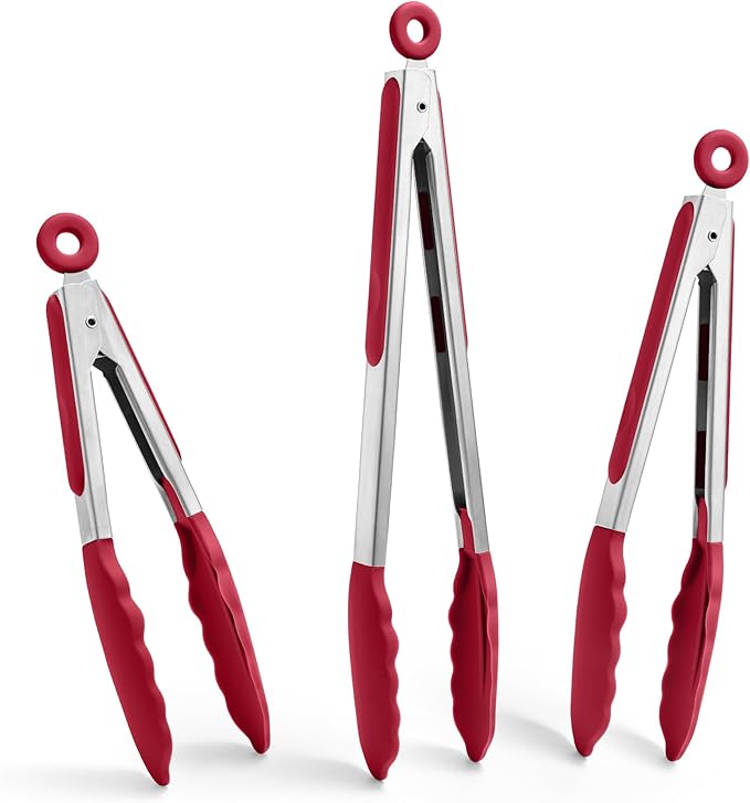 Doosu Kitchen Tongs for Cooking - 600°F Heat Resistant Food Tong Set with Non-Scratch Silicone Tips, Heavy Duty Stainless Steel Locking Tong for BBQ, Grilling Steak, Serving Salad (7+9+12in, Red)