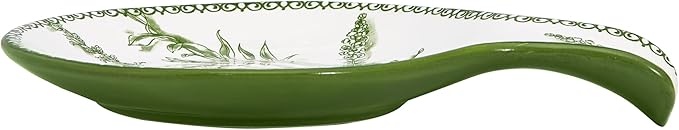Bico Green Garden Toile De Jouy Spoon Rest for Stove Top, Ceramic Spoon Holder for Kitchen Counter, Easy to Clean Coffee Spoon Rest Dishwasher Safe, Kitchen Cooking Utensil Rest for Ladles Spatula
