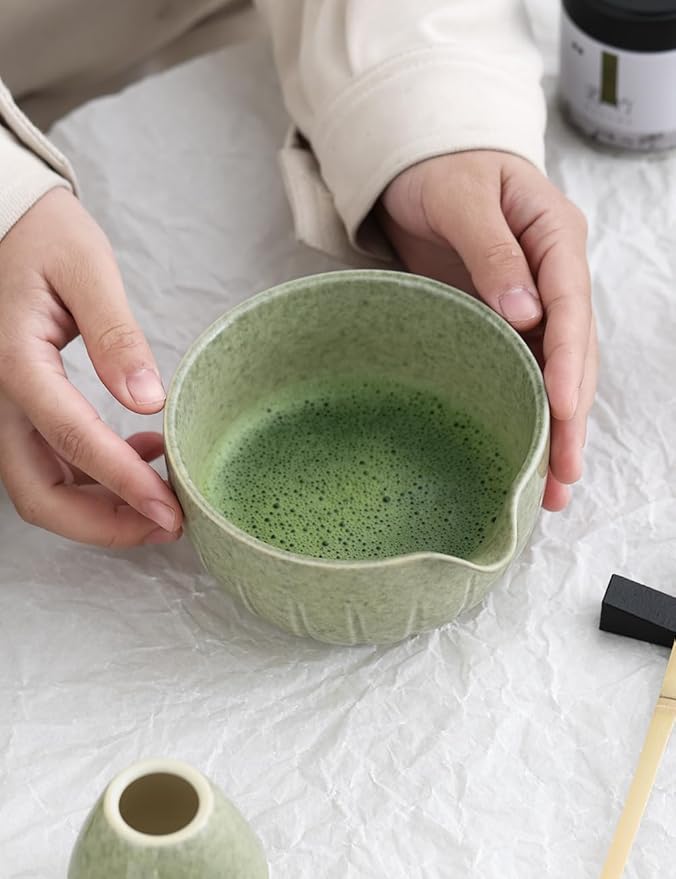 TANG PIN Matcha Set - Match Bowl with Spout and Whisk, 15 OZ, Matcha Scoop | Matcha Whisk Stand (Chasen Holder) - 4pc Perfect Matcha Kit for Matcha Tea Ceremony (Mottled Green)