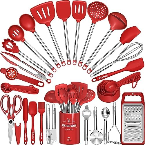 Kitchen Utensils Set- Umite Chef 34 PCs Cooking Utensils with Grater, Spoon Spatula, Heat Resistant Food Grade Silicone, Stainless Steel Handles Kitchen Gadgets Tools Set for Nonstick Cookware(Red) by UmiteChef