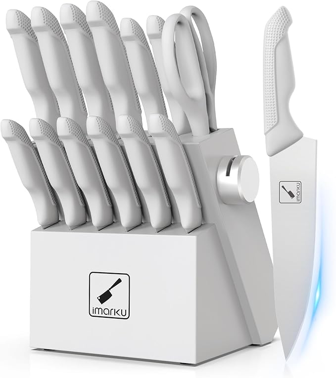 imarku® 14-Piece Kitchen Knife Set with Block and Sharpener, Professional Stainless Steel with Non-Slip Ergonomic Handle, Dishwasher Safe, Home Essential, Gray-White