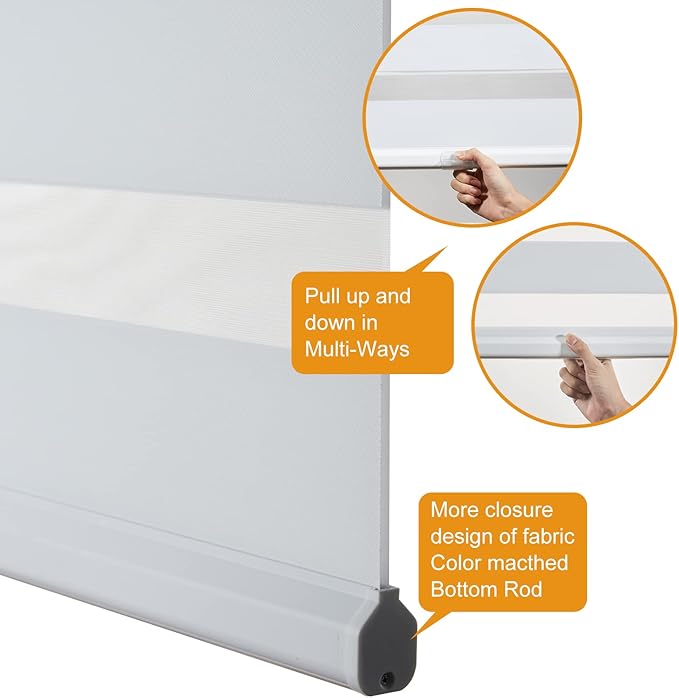 Persilux Cordless Zebra Blinds for Windows, Room Darkening Roller Shades for Windows (18" W x 64" H, White) Light Control for Day and Night Light Filtering Sheer Shades for Home and Bedroom