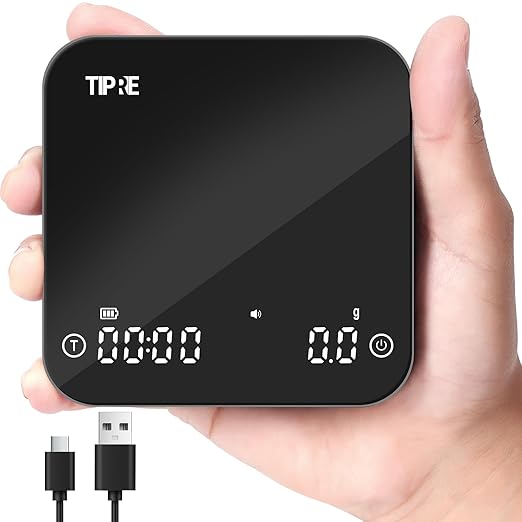 Mini Coffee Scale with Timer, 2kg/0.1g Precision Portable Espresso Scale, Rechargeable Pour Over Scale with Type-C,Flow Rate Mode, g/oz/ml, LED Display, Tare Function, Silent Mode