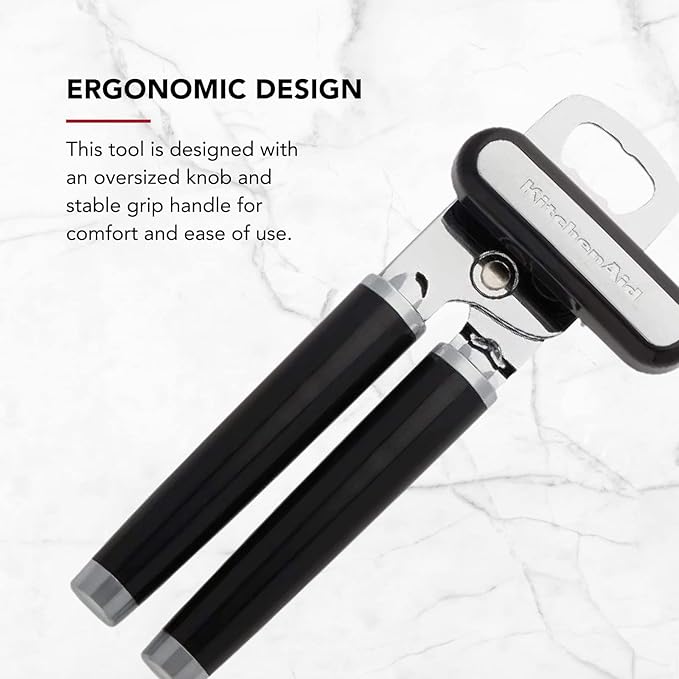 KitchenAid Classic Multifunction Can Opener and Bottle Opener Easy to Use, Razor Sharp Stainless Steel Cutting Wheel, Soft Ergonomic Handles, Black
