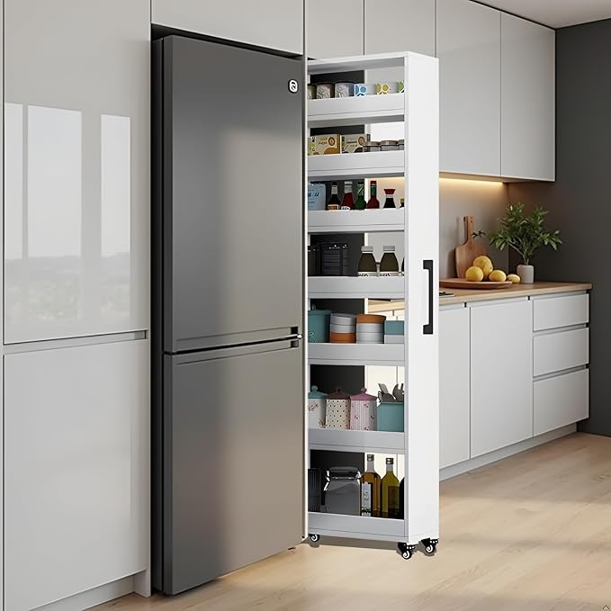 7-Tier Slim Storage Cart, Wooden Rolling Pantry Cabinet with Wheels, Narrow Shelf Organizer for Kitchen, Bakers Rack, Dining Room, Closet, Small Spaces Warm White 73.2" H*7.8" W*23.6" D