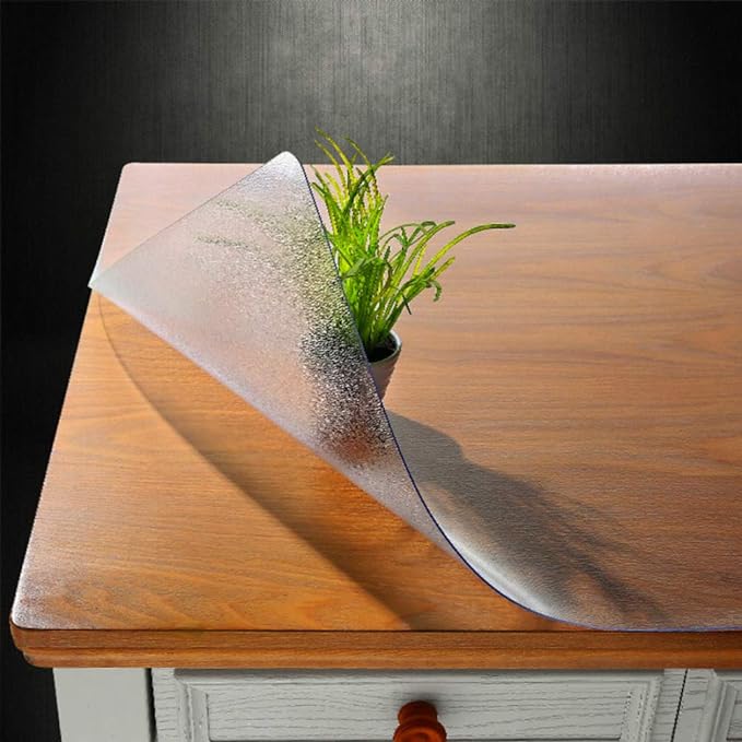 NECAUX Custom Multisize 1.5mm Thick Frosted PVC Table Cover Protector - 44 x 78 Inch Kitchen Wood Grain Vinyl Transparent Table Cover Plastic Protective Pad for Dining Room Table