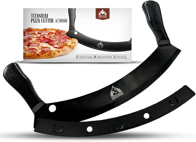 Chicago Brick Oven 12-Inch Pizza Cutter Rocker Blade – Stainless Steel Mezzaluna Knife with Titanium Coating – Large Professional Pizza Cutter with Protective Cover – Dishwasher Safe