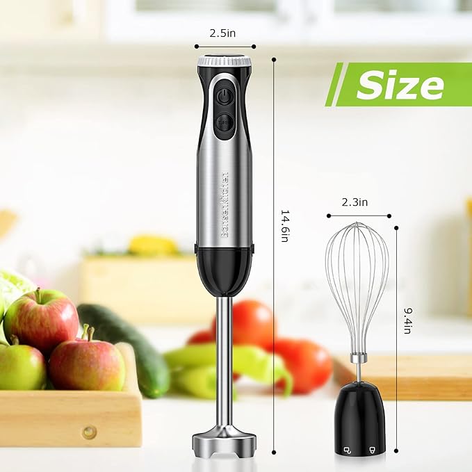 Bonsenkitchen Immersion Handheld Blender with Whisk, 20-Speed & Turbo Mode Hand Blender Stick 500W, 304 Stainless Steel Hand Blender for Soup, Smoothie, Puree, Baby Food