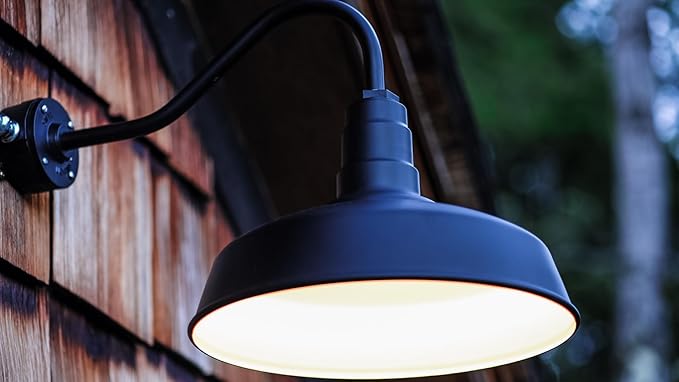 Steel Lighting Co. Gardena Barn Light | Outdoor Wall Mounted | 16" Dome | 16" Gooseneck | Farmhouse Light Made in America | Black Exterior/White Interior