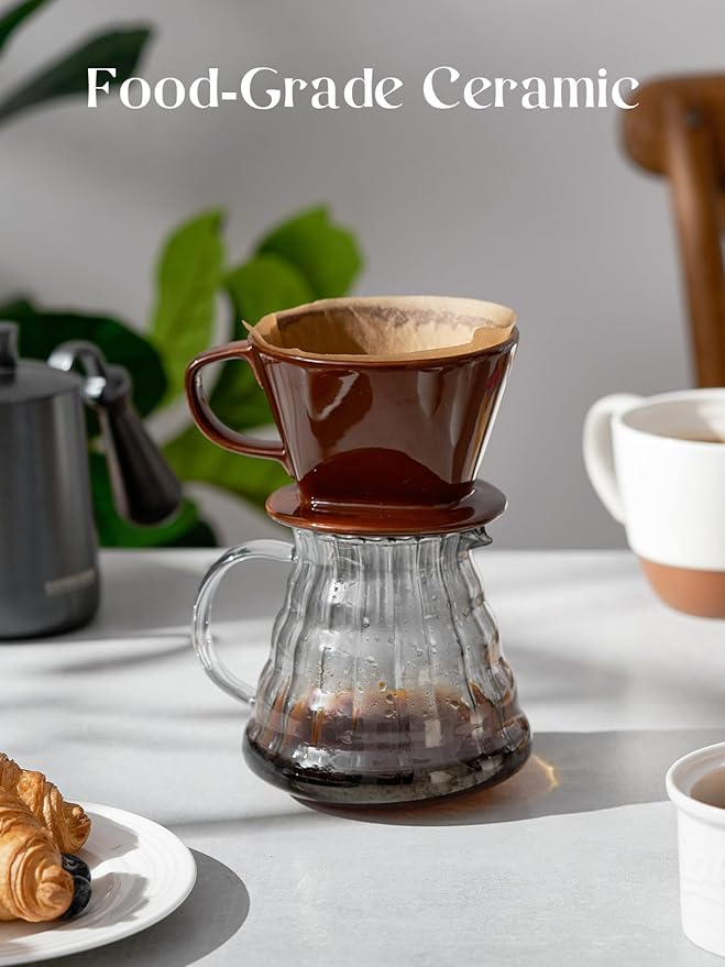 DOWAN Pour Over Coffee Dripper, Non Electric Pour Over Coffee Maker, Porcelain Slow Brewing Accessories for Home, Cafe, Restaurants, Easy Manual Brew Maker, Brown