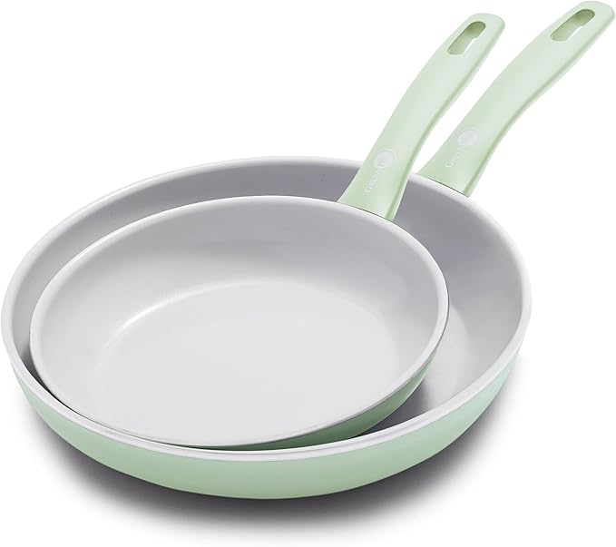 GreenPan Dover 8” & 10” 2 Piece Frying Pan Skillet Set, Non-Toxic PFAS-Free Ceramic Nonstick Coating, Sear Saute Fry Egg Omlete, Dishwasher & Oven Safe, Stay Cool Handle, Easy Pour Rims, Pastel Green