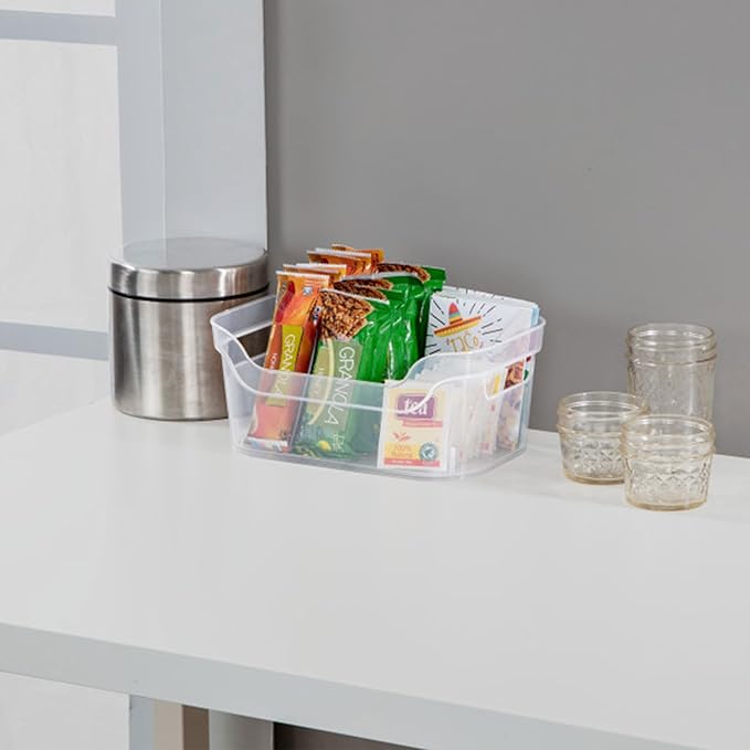 Sterilite 9.5 x 6.5 x 4 Inch Small Open Scoop Front Clear Storage Bin with Comfortable Carry Through Handles for Household Organization (16 Pack)