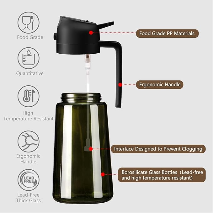 2PCS Olive Oil Dispenser and Oil Sprayer – 16oz/470ml Glass Light-Proof Oil Pourer for Kitchen, Air Fryer, Cooking, Salad, and BBQ