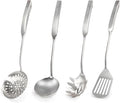 Newness 4 Pcs Cooking Utensils Set, 304 Stainless Steel Kitchen Utensils Set, Metal Kitchen Accessories, Include Soup Ladle, Slotted Skimmer Spoon, Spaghetti Spoon and Spatula, Dishwasher Safe