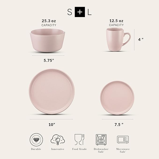 Stone Lain Albie Stoneware 32-Piece Modern Dinnerware Set, Kitchen Plates and Bowls Sets, Dish Set for 8, Pink