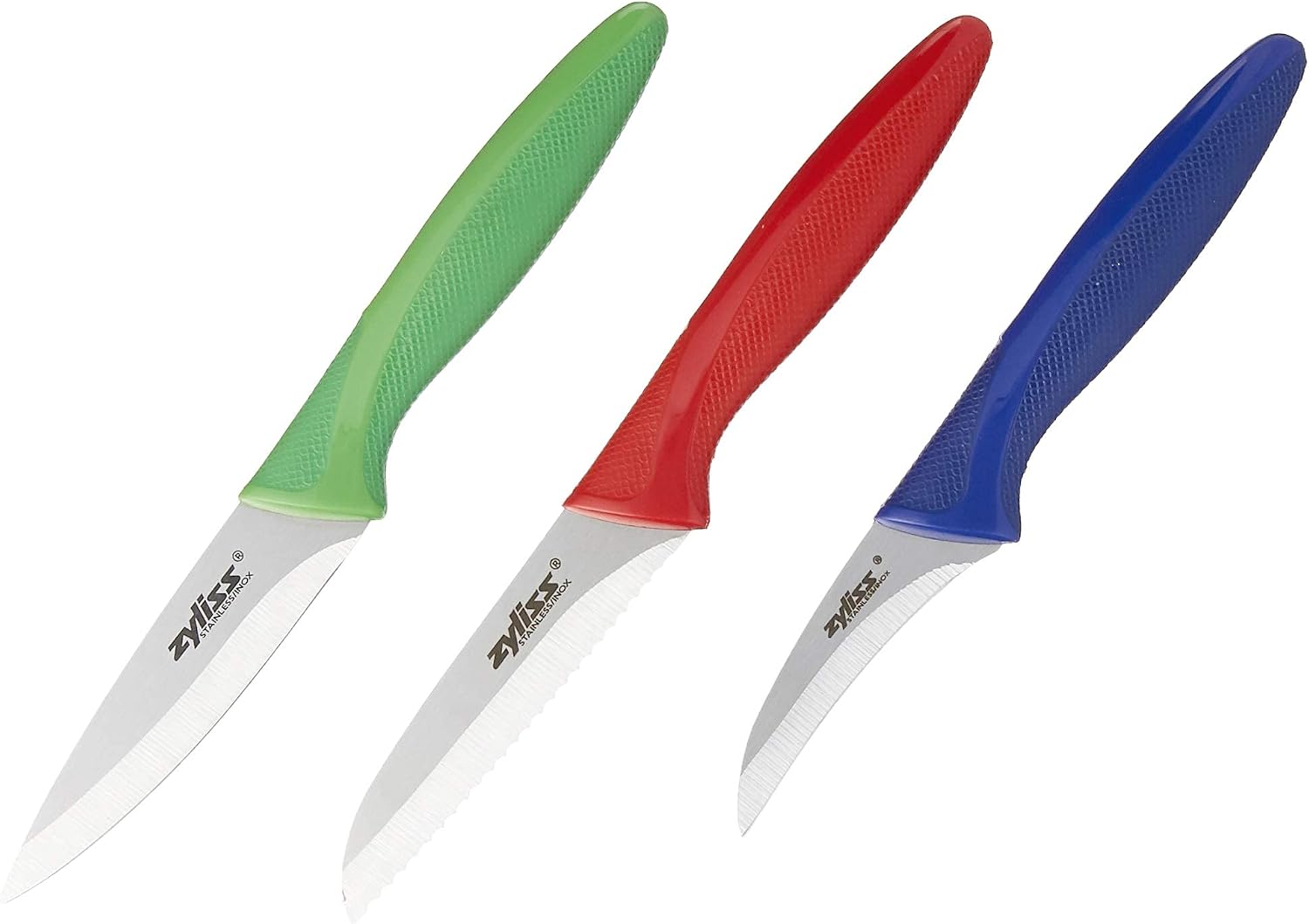 Three colorful knives with green, red, and blue handles on a white background
