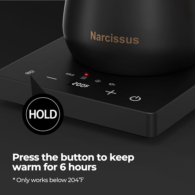 Narcissus P9 Gooseneck Electric Kettle with ±1℉ Temperature Control Function, 1200 Watt Rapid Boiling in 4 Mins, Max 6 Hours Keeping Warm, 304 Stainless Steel Interior - BPA Free, Black