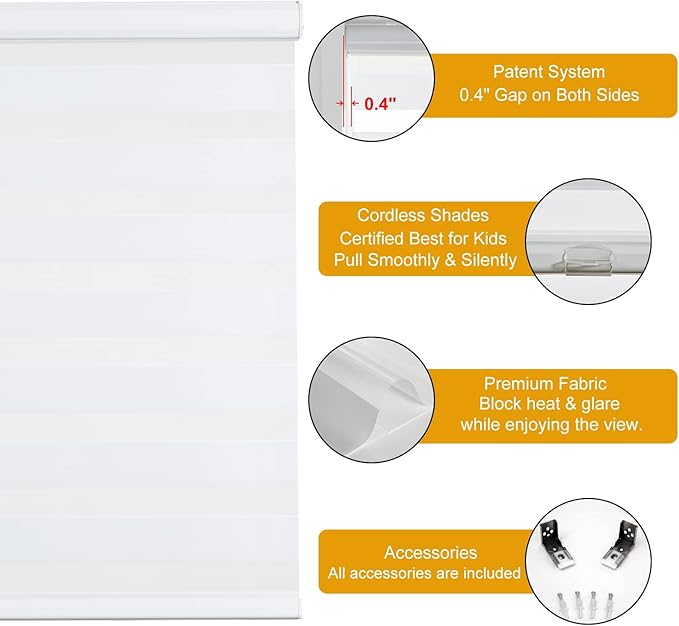 Persilux Zebra Blinds for Windows Cordless Roller Shades for Windows, Privacy Roller Blinds (42" W x 72" H, White) Blinds for Sliding Door, Light Control for Day and Night Shades for Home and Office