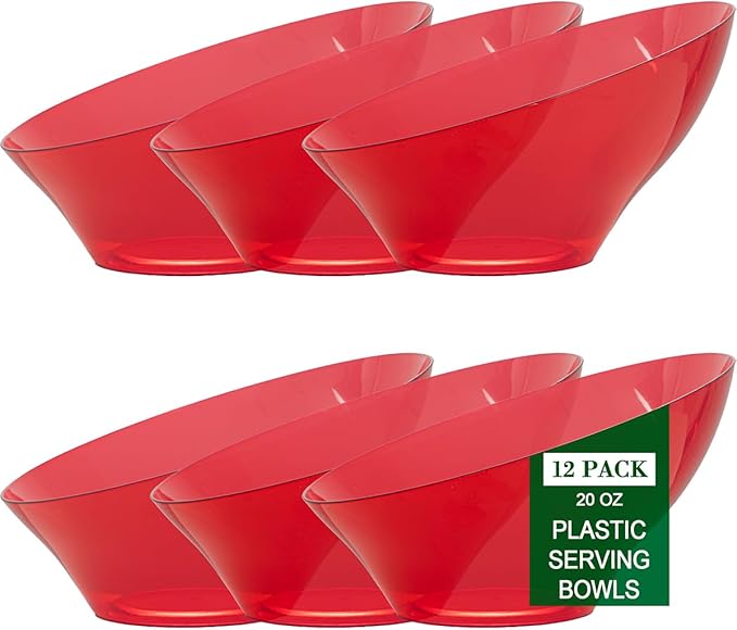 bUCLA Clear Red Plastic Serving Bowls 20 OZ - Christmas Party Disposable Bowls 12 Pack