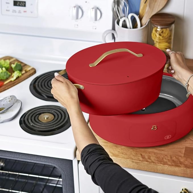 Beautiful 10-in-1 6Qt Electric Multi-Cooker with 7 Presets, Oven-Safe Pot & Lid, Sauté, Steam, Slow Cook, Slow Cooker, Simmer, Rice & More – Touch Display, Dishwasher Safe, Serves Up to 7 (Tomato Red)
