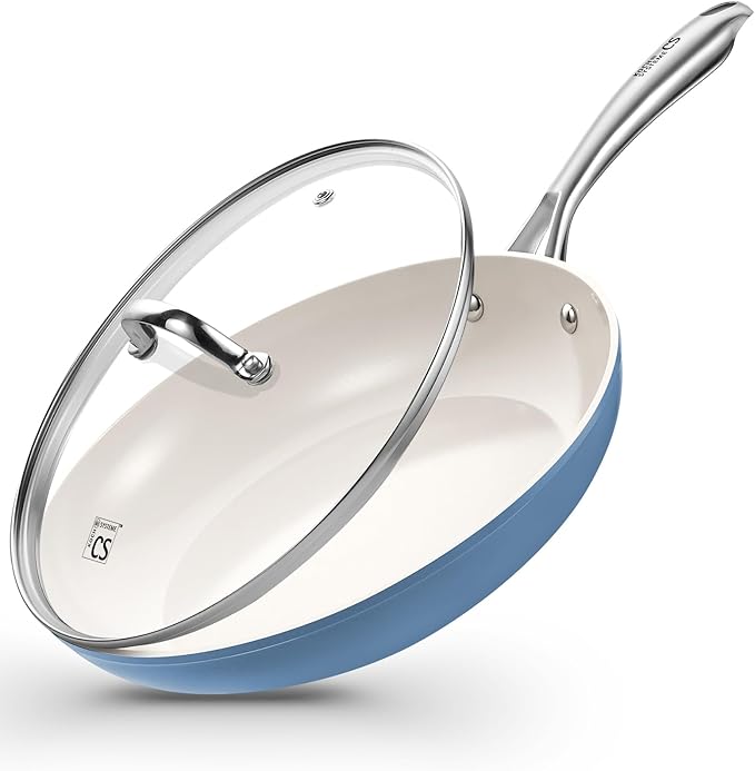 KOCH SYSTEME CS Nonstick Frying Pan with Lid 10 Inch - Ceramic Blue Omelet Pan
