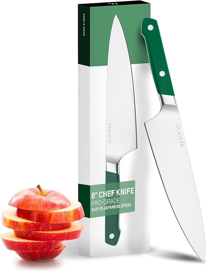 Misen 8" Chef Knife – High Carbon Japanese AUS-10 Stainless Steel – Hybrid German & Japanese Blade – Precision Kitchen Knife for Professionals & Home Cooks – Ultimate Cutting Performance - Green