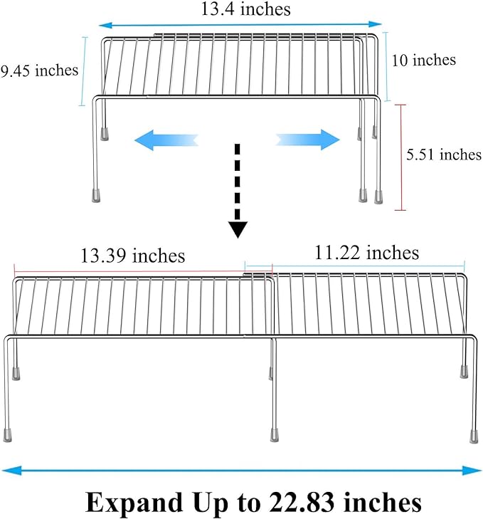 Kitchen Cabinet Expandable Shelf Organizers, Adjustable Metal Wire Pantry Storage Shelves, Plate Dish Organizer Rack for Cabinets, Cupboard, Counter, Freezer, Countertop, Chrome