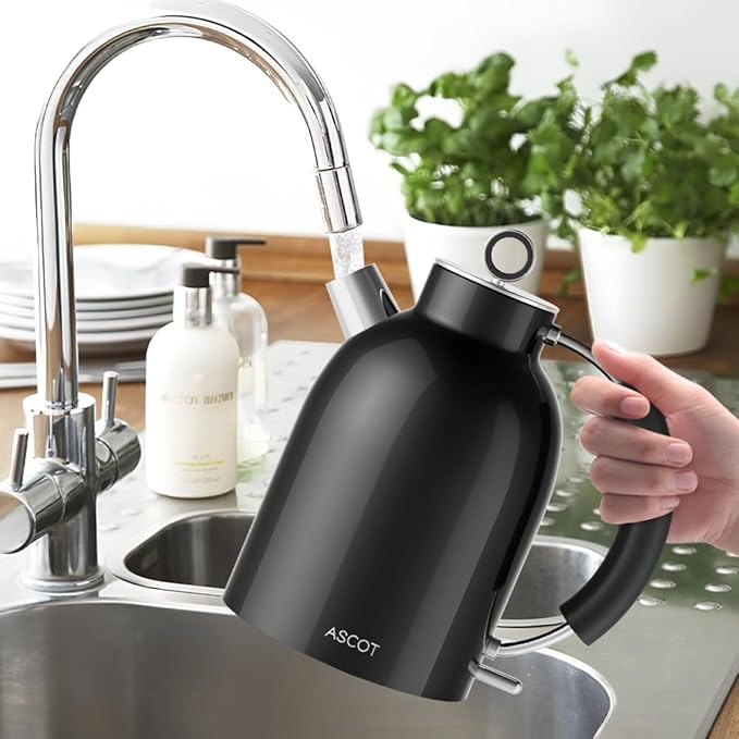 ASCOT Electric Kettle, Electric Tea Kettle Hot Water Kettle Stainless Steel Kettle 1.6L 1500W Retro Tea Heater & Boiling Water, Auto Shut-Off and Boil-Dry Protection (Black)