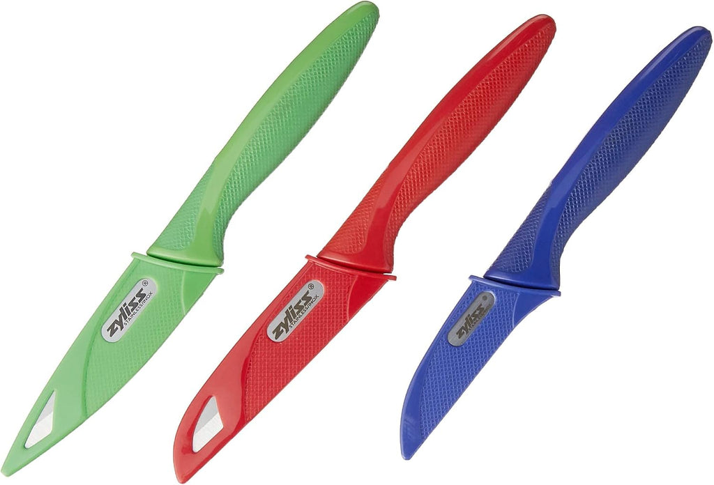 Three ceramic knives with green, red, and blue handles on a white background