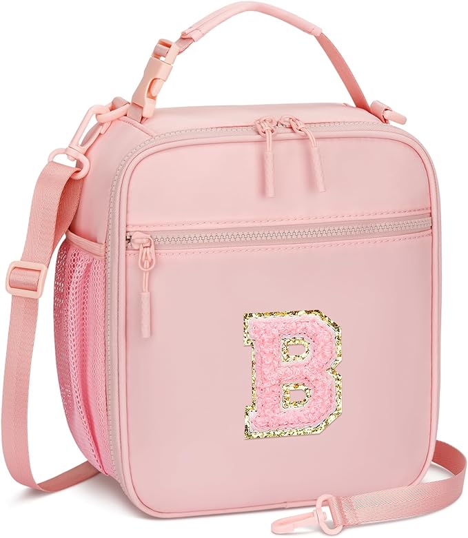 Initial Insulated Lunch Bag for Girls Kids, Back to School Gift, Reusable Leak-proof Lunch Box with Adjustable Strap for School Daycare Travel Picnic (Pink,B)