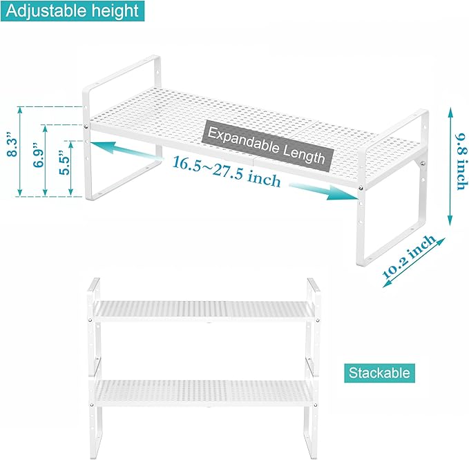 iPEGTOP 3 Pack Large Expandable Cabinet Storage Shelf, Heavy Duty Stackable Steel Metal Spice Rack Adjustable Height Home Office Pantry Garage Shelves for Counter Kitchen Organization, White