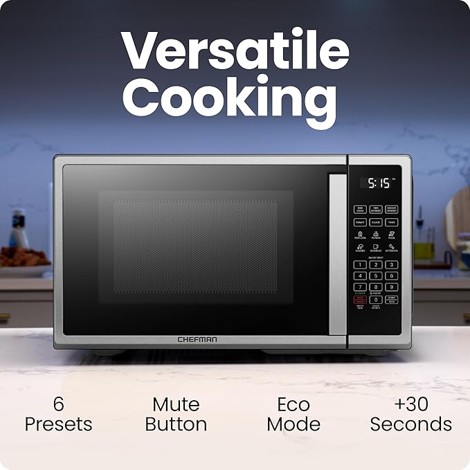 Chefman Countertop Microwave Oven 0.9 Cu. Ft. Digital Stainless Steel Microwave 900 Watt with 6 Presets, Eco Mode, Mute Option, Memory Function, Child Safety Lock, Kitchen, Home, Dorm Essentials