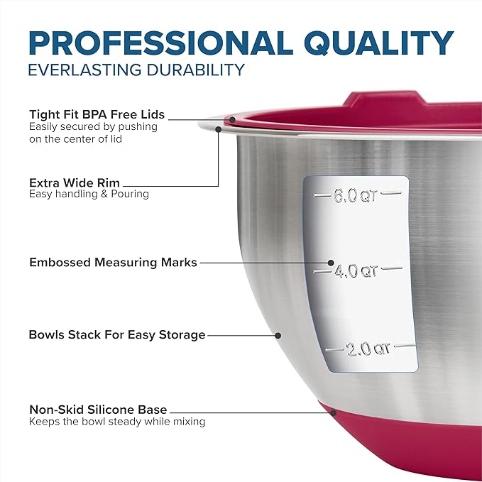 VIKING Mixing Bowls Set 10 Piece - Stainless Steel with Non-Slip Silicone Base Red