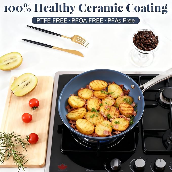 Stainless Steel Non Stick Frying Pan 10 Inch - Ceramic Coating Skillet with Lid