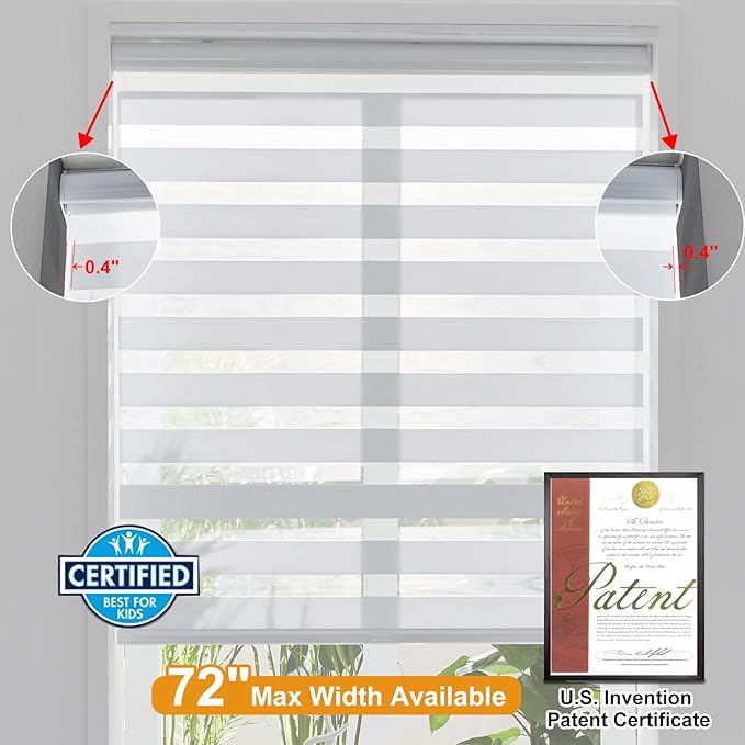 Persilux Cordless Zebra Blinds for Windows Free-Stop Roller Windows Shades (70" W X 64" H, White) Dual Layer Light Control for Day and Night, Light Filtering Sheer Shades for Home, Easy to Install