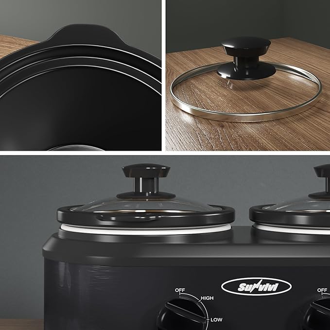 Sunvivi Double Slow Cooker,2 Pot Small Mini Crock Buffet Servers and Warmer,Dual Pot Oval Manual Slow Cooker with Adjustable Temp Removable Ceramic Pot,Stainless Steel, Total 2 * 1.25 Quarts Black