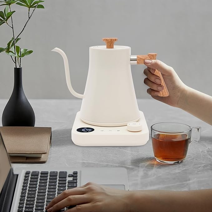 0.9L Electric Kettles, Gooseneck Electric Kettle with Stainless Steel Inner, 104-212℉ temperature adjusted,Quick Heating for Pour Over Coffee, Brew Tea, Boil Hot Water (White)
