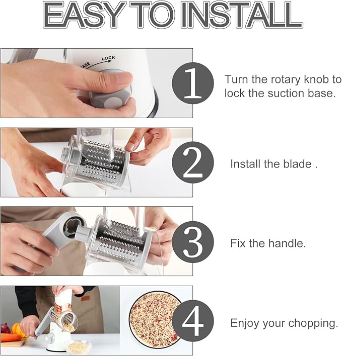 Ourokhome Rotary Cheese Grater Hand Crank, Kitchen Shredder Speed Mandolin Slicer Nuts Grinder with Handle and Drum Blades for Cheese, Vegetable, Walnuts, Chocolate, Potato, Carrot, 3 Blades, White