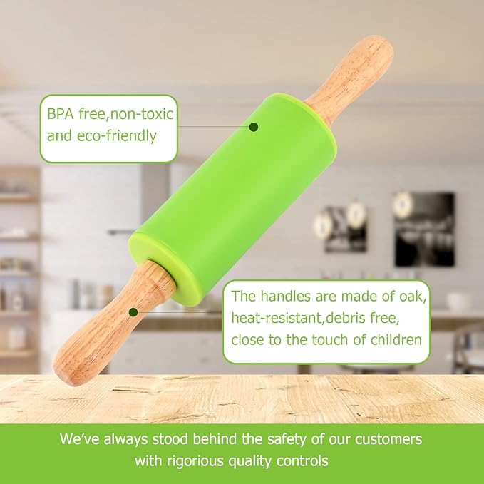 Mini Silicone Rolling Pin for Kids, Non-stick Surface Wood Handle, 9 Inch 4 Pack