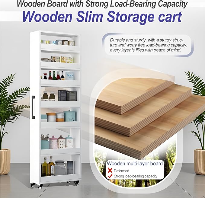 7-Tier Slim Storage Cart, Wooden Rolling Pantry Cabinet with Wheels, Narrow Shelf Organizer for Kitchen, Bakers Rack, Dining Room, Closet, Small Spaces Dark Walnut 47.2" H*9.8" W*23.6" D