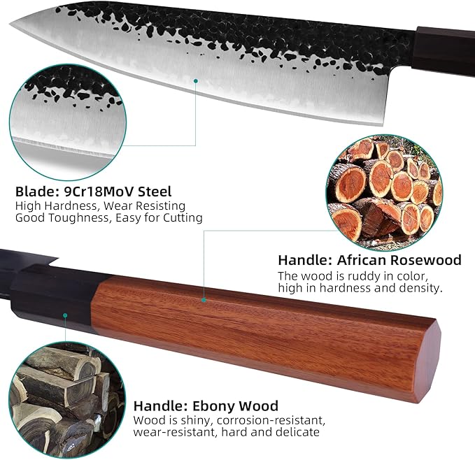 FINDKING Dynasty Series 4PCS Kitchen Knife Set, Professional Japanese Chef Knife Set, 9Cr18MoV High Carbon Steel Blade, African Rosewood Octagonal Handle, for Meat, Fruits, Vegetables