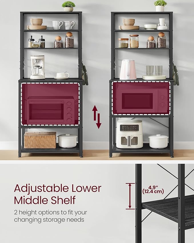 VASAGLE Coffee Bar, Baker’s Rack for Kitchen with Storage, 6-Tier Kitchen Shelves with 6 Hooks, Microwave Stand, Industrial, 15.7 x 23.6 x 65.7 Inches, Charcoal Gray and Black UKKS024B22