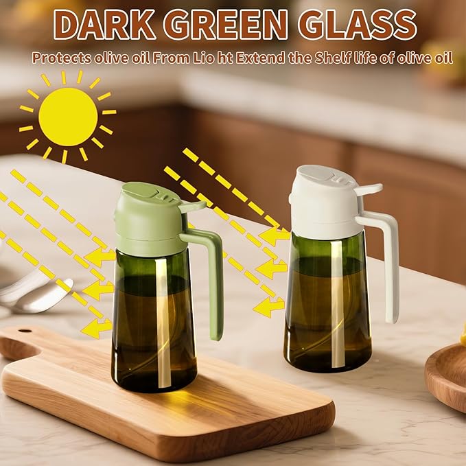 Olive Oil Dispenser and Oil Sprayer – 16oz/470ml Glass Light-Proof Oil Pourer for Kitchen, Air Fryer, Cooking, Salad, and BBQ