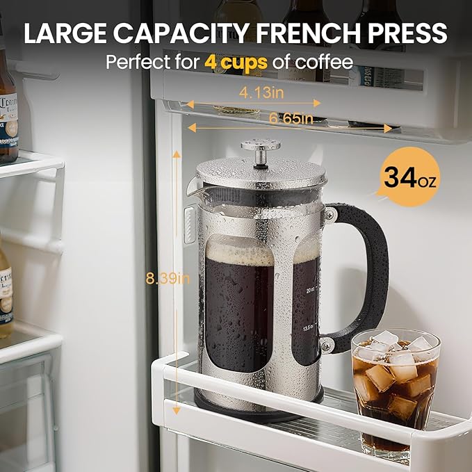 BAYKA 34oz French Press Cold Brew Coffee Maker, Heat and Cold Resistant Thickened Borosilicate Glass Stainless Steel Coffee Press, Iced Coffee Pot Tea Pitcher for Kitchen Travel Camping,1 Liter,Silver